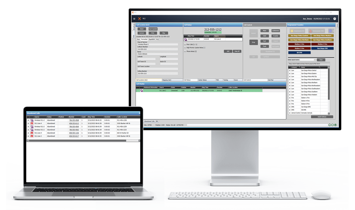 A screenshot depicting CentralSquare's 911 call-handling software on a desktop computer monitor and a laptop.